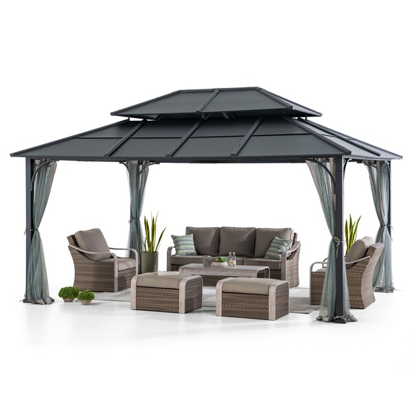 Sunjoy 12 ft. x 16 ft. Black and Grey Steel Gazebo with 2-tier Hip Roof Hardtop - A102009141
