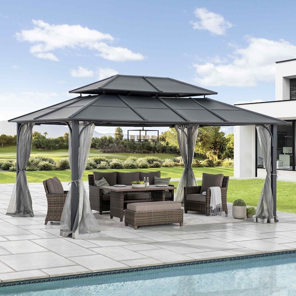 Sunjoy 12 ft. x 16 ft. Black and Grey Steel Gazebo with 2-tier Hip Roof Hardtop - A102009141