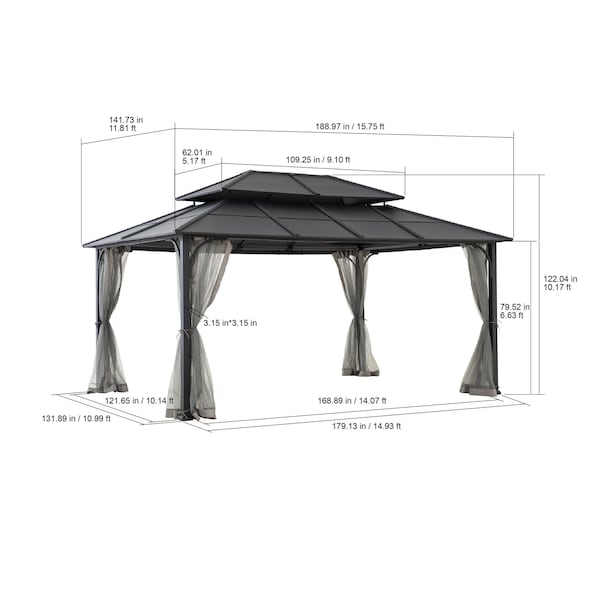 Sunjoy 12 ft. x 16 ft. Black and Grey Steel Gazebo with 2-tier Hip Roof Hardtop - A102009141
