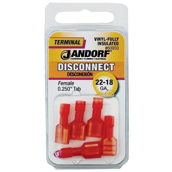 Jandorf Disconnect Terminal, 22 to 18 AWG Wire, Vinyl Insulation, Copper Contact, Red, 5PK - 60950