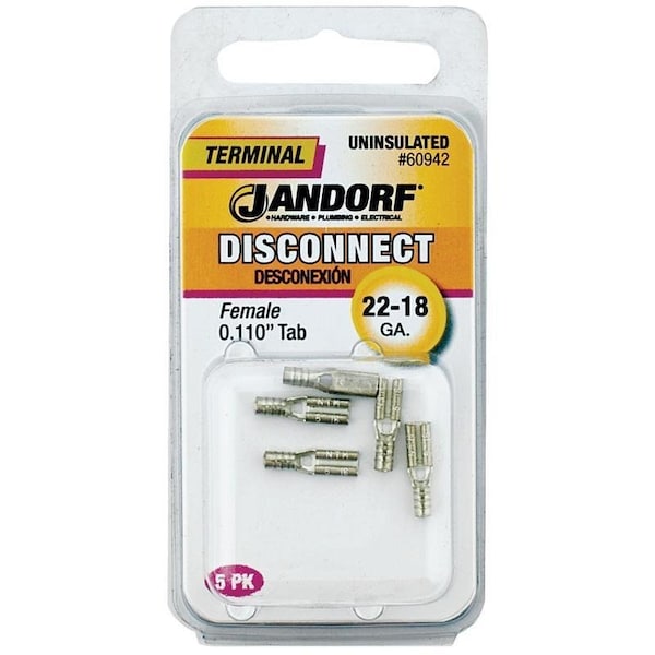 Jandorf Disconnect Terminal, 22 to 18 AWG Wire, Copper Contact, 5PK - 60942