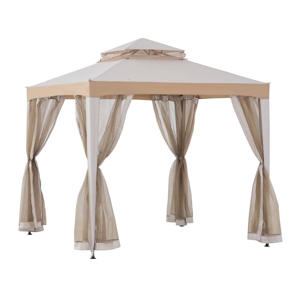 Sunjoy 8 ft x 8 ft Patio Gazebo, Modern 2-Tier Steel Frame Soft Top Gazebo with Netting - Grey & Khaki - A101003610
