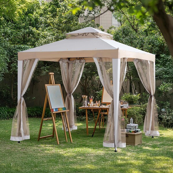Sunjoy 8 ft x 8 ft Patio Gazebo, Modern 2-Tier Steel Frame Soft Top Gazebo with Netting - Grey & Khaki - A101003610