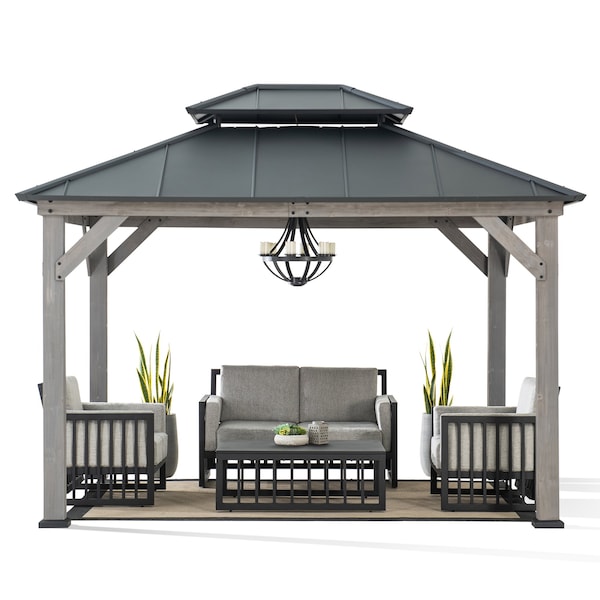 Sunjoy 10x12 ft. Wood Gazebo, Outdoor Patio Steel Hardtop Gazebo, Black - A102032601