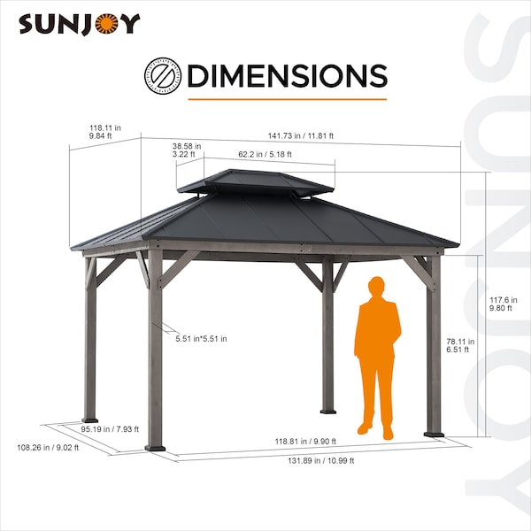 Sunjoy 10x12 ft. Wood Gazebo, Outdoor Patio Steel Hardtop Gazebo, Black - A102032601