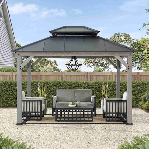 Sunjoy 10x12 ft. Wood Gazebo, Outdoor Patio Steel Hardtop Gazebo, Black - A102032601
