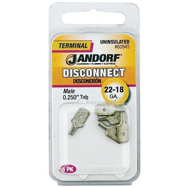 Jandorf Disconnect Terminal, 22 to 18 AWG Wire, Copper Contact, 5PK - 60945