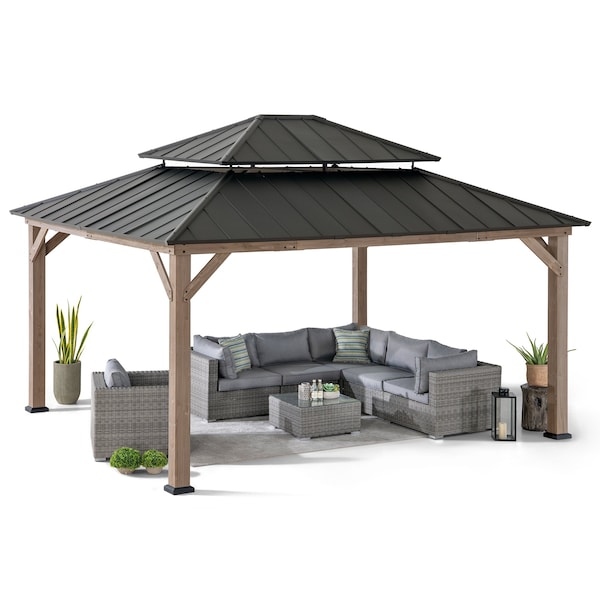 Sunjoy Archwood 13 ft. x 15 ft. Cedar Framed Gazebo with Brown Steel 2-tier Hip Roof Hard Top - A102007772