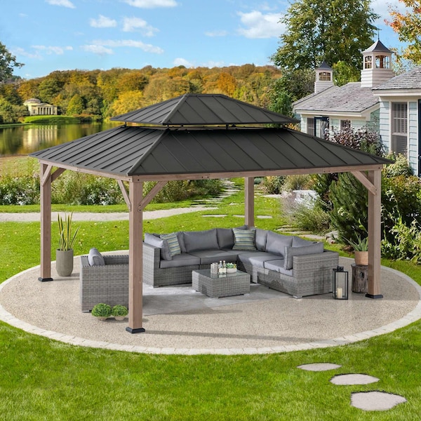 Sunjoy Archwood 13 ft. x 15 ft. Cedar Framed Gazebo with Brown Steel 2-tier Hip Roof Hard Top - A102007772