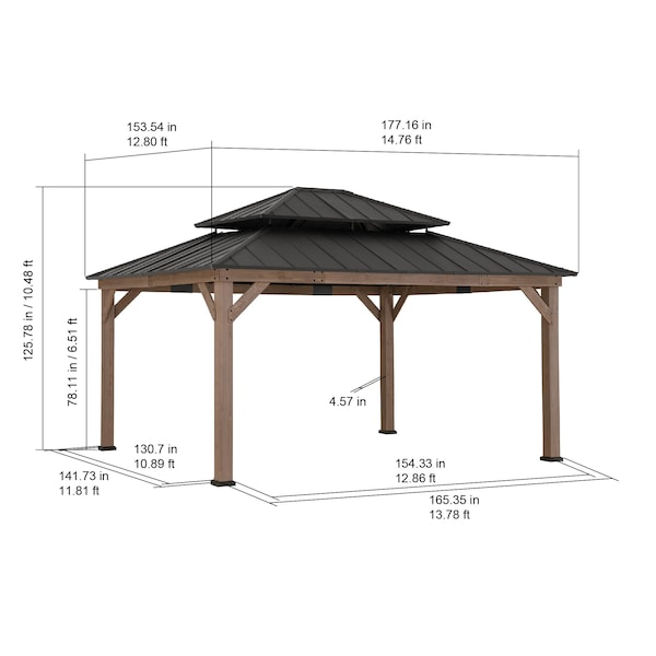 Sunjoy Archwood 13 ft. x 15 ft. Cedar Framed Gazebo with Brown Steel 2-tier Hip Roof Hard Top - A102007772