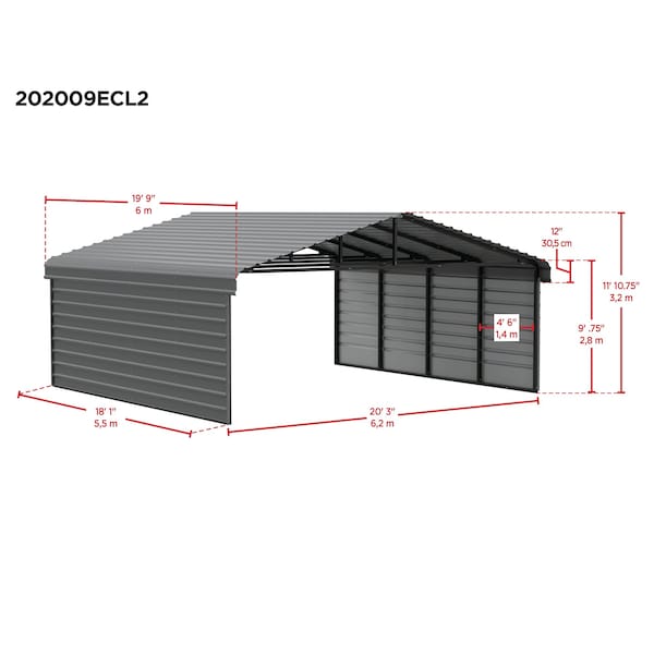 Arrow Storage Products Galvanized Steel Carport, W/ 2-Sided Enclosure, Compact Car Metal Carport Kit, 20'x20'x9', Eggshell - CPH202009ECL2