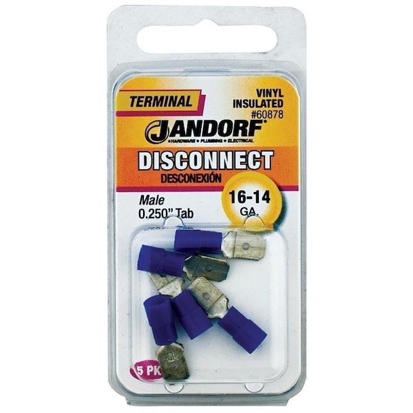 Jandorf Disconnect Terminal, 16 to 14 AWG Wire, Vinyl Insulation, Copper Contact, 5PK - 60878