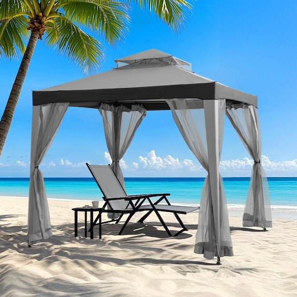 Sunjoy 8 ft x 8 ft Patio Gazebo, Modern 2-Tier Steel Frame Soft Top Gazebo with Netting - Grey & Black - A101003613