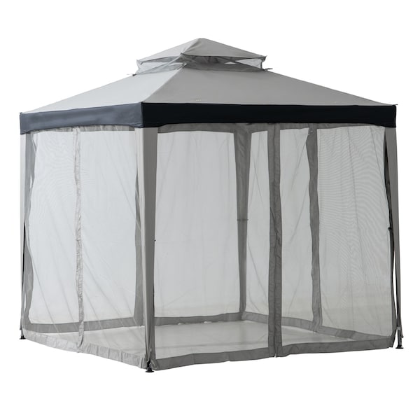 Sunjoy 8 ft x 8 ft Patio Gazebo, Modern 2-Tier Steel Frame Soft Top Gazebo with Netting - Grey & Black - A101003613