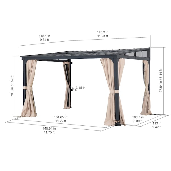 Sunjoy 10 ft. x 12 ft. Metal Roof; Aluminum and Metal Frame with Curtain and Netting - A1020309A0
