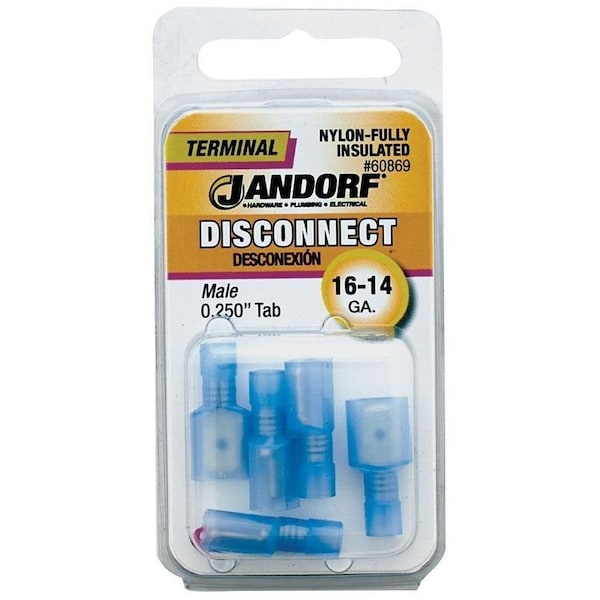 Jandorf Disconnect Terminal, 16 to 14 AWG Wire, Nylon Insulation, Copper Contact, Blue, 5PK - 60869