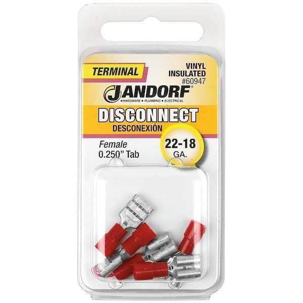 Jandorf Disconnect Terminal, 22 to 18 AWG Wire, Vinyl Insulation, Copper Contact, Red, 5PK - 60947
