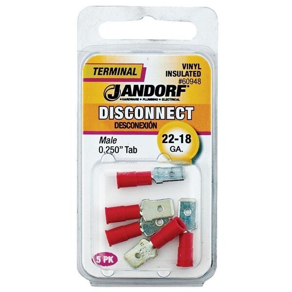 Jandorf Disconnect Terminal, 22 to 18 AWG Wire, Vinyl Insulation, Copper Contact, Red, 5PK - 60948