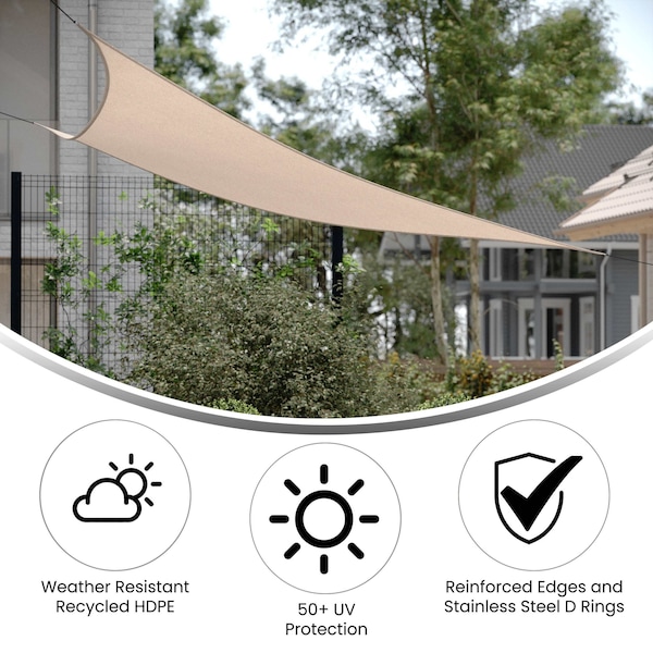 Flash Furniture Palmetto 12ft Triangle Sun Sail Shade Canopy with Included Nylon Attachment Ropes in Sand - GM-WL-SS22003-1-SAND-GG