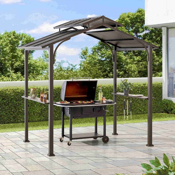 Sunjoy 5 ft. x 8 ft. Brown Steel 2-tier Grill Gazebo Hardtop - A104002820