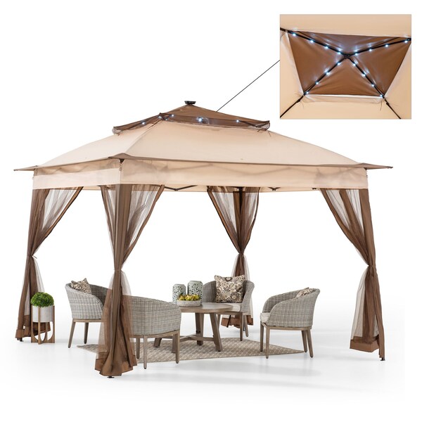 Sunjoy 11 ft. x 11 ft. Pop Up Portable Steel Gazebo with Solar LED Lighting, Browm - A109004401