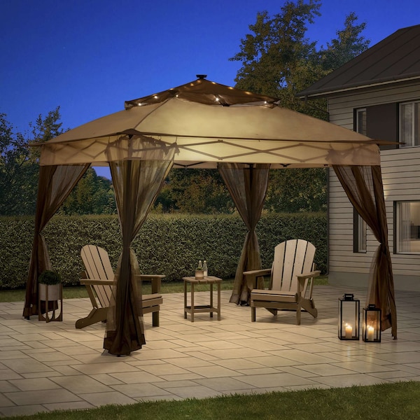 Sunjoy 11 ft. x 11 ft. Pop Up Portable Steel Gazebo with Solar LED Lighting, Browm - A109004401