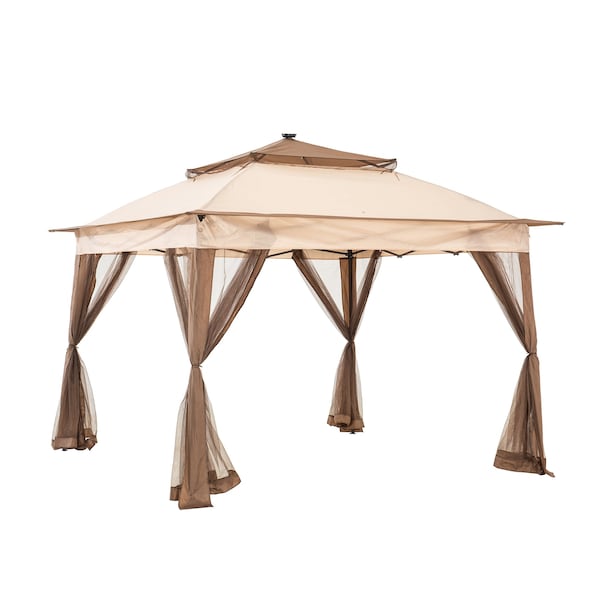 Sunjoy 11 ft. x 11 ft. Pop Up Portable Steel Gazebo with Solar LED Lighting, Browm - A109004401