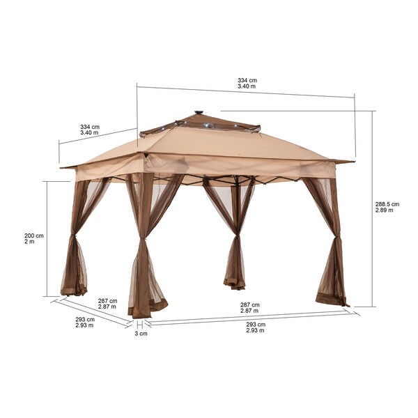Sunjoy 11 ft. x 11 ft. Pop Up Portable Steel Gazebo with Solar LED Lighting, Browm - A109004401
