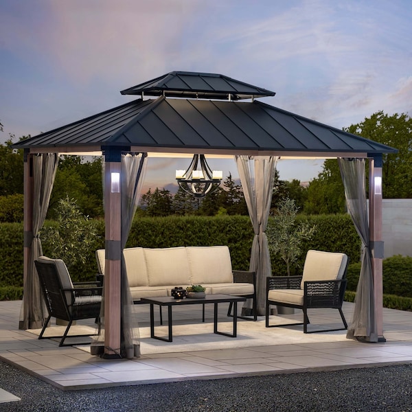 Sunjoy 10 ft. x 12 ft. Hardtop Gazebo with Netting and LED Lights - A102023920