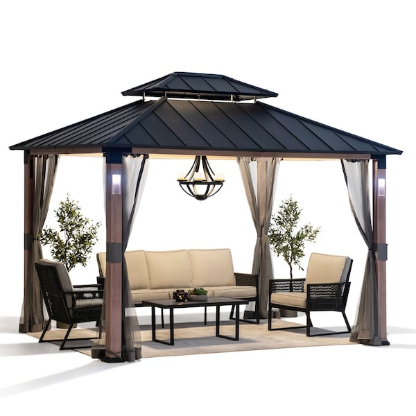 Sunjoy 10 ft. x 12 ft. Hardtop Gazebo with Netting and LED Lights - A102023920