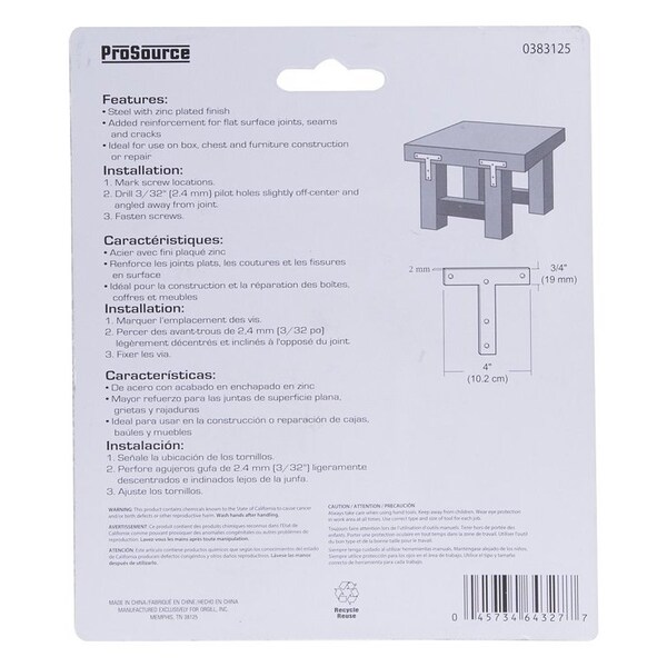 Prosource T-Plate, 4 in L, 4 in W, 2 mm Thick, Steel, Zinc - TP-Z04-C2PS