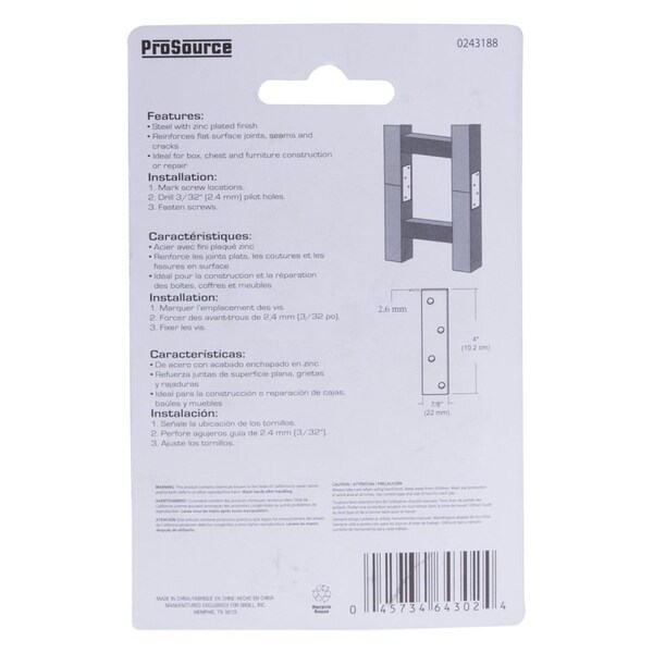 Prosource Mending Plate, 4 in L, 7/8 in W, Steel, Screw Mounting - MP-Z04-C4PS