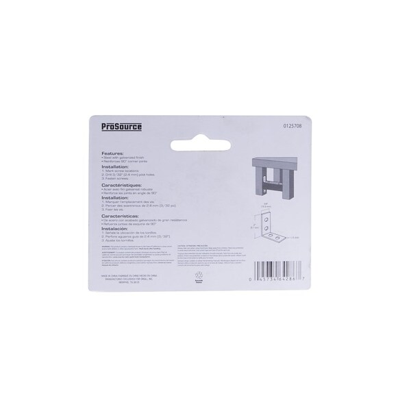 Prosource Corner Brace, 2 in L, 2 in W, 5/8 in H, Galvanized Steel, Galvanized, 1.8 mm Thick Material - CB-G02-C4PS