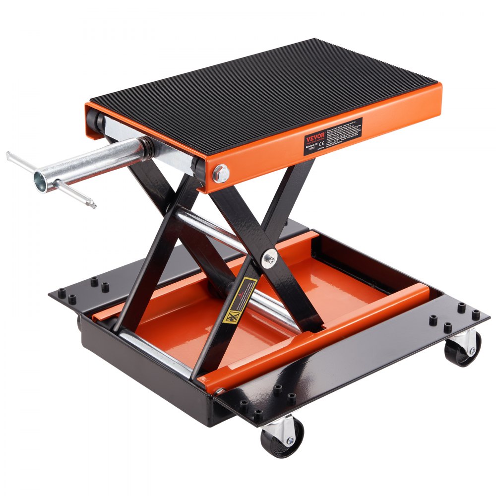 VEVOR Motorcycle Lift, 1100 LBS Motorcycle Lift ATV Scissor Lift Jack with Dolly & Hand Crank, Center Hoist Crank Stand with Wide Deck & Tool Tray for Street Bikes, Cruiser Bikes, Touring Motorcycles - MTCSJJCSB1100F505V0