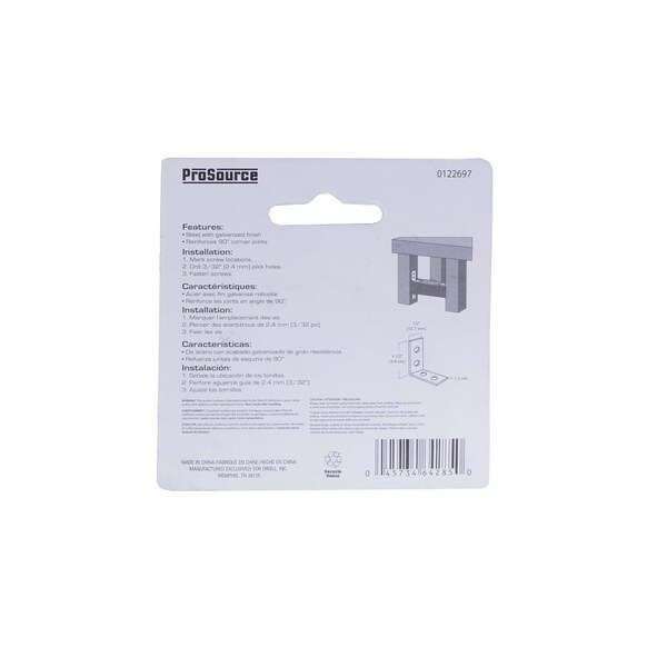 Prosource Corner Brace, 1-1/2 in L, 1-1/2 in W, 1/2 in H, Galvanized Steel, Galvanized - CB-G015-C4PS