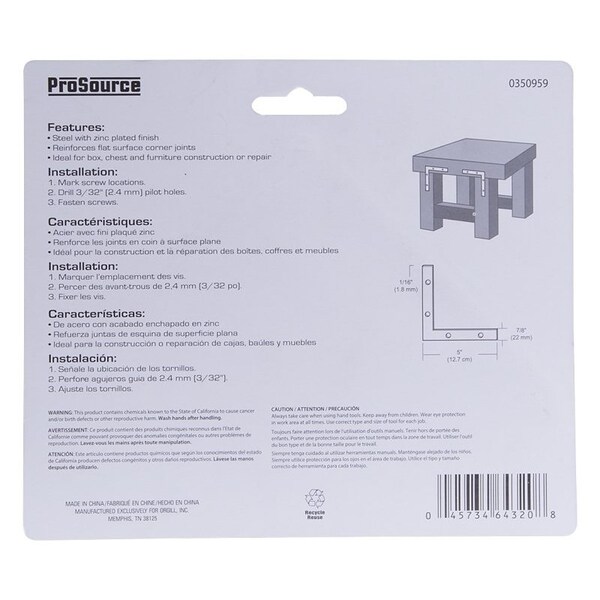Prosource Corner Brace, 5 in L, 5 in W, 7/8 in H, Steel, Zinc-Plated, 1.8 mm Thick Material - FC-Z05-C4PS