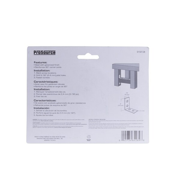 Prosource Corner Brace, 4 in L, 4 in W, 7/8 in H, Galvanized Steel, Galvanized, 3.1 mm Thick Material - CB-G04-C4PS