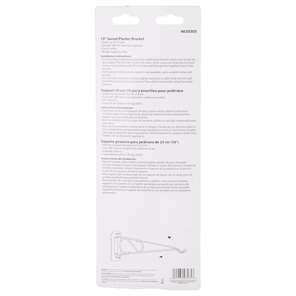Landscapers Select Swivel Plant Bracket, 10-3/8 L, Steel, White, Wall Mount Mounting - GB0213L