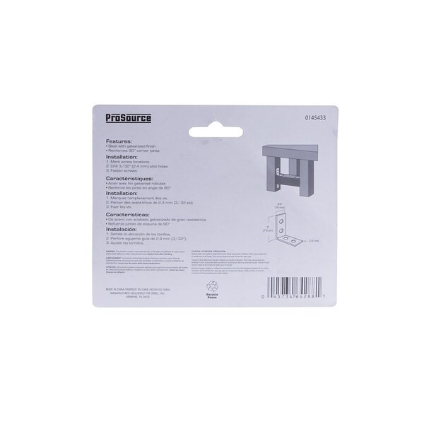 Prosource Corner Brace, 3 in L, 3 in W, 3/4 in H, Galvanized Steel, Galvanized, 2.6 mm Thick Material - CB-G03-C4PS