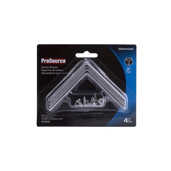 Prosource Corner Brace, 3 in L, 3 in W, 3/4 in H, Galvanized Steel, Galvanized, 2.6 mm Thick Material - CB-G03-C4PS