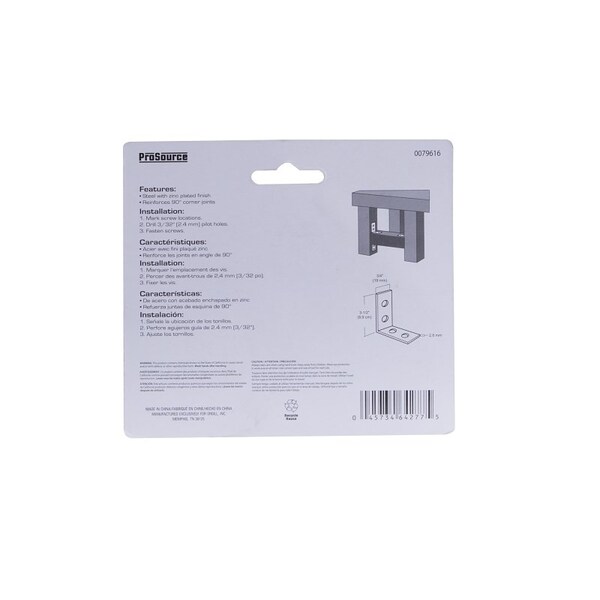 Prosource Corner Brace, 3-1/2 in L, 3-1/2 in W, 3/4 in H, Steel, Zinc-Plated, 3 mm Thick Material - CB-B03.5-C4PS