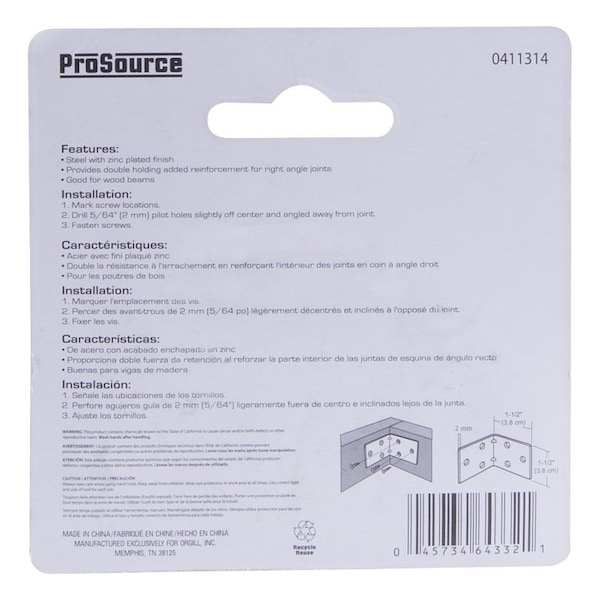 Prosource Corner Brace, 1-1/2 in L, 1-1/2 in W, 1-1/2 in H, Steel, Zinc-Plated, 2 mm Thick Material - BH-604PS