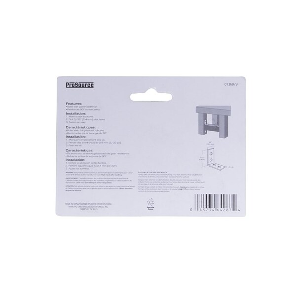 Prosource Corner Brace, 2-1/2 in L, 2-1/2 in W, 5/8 in H, Galvanized Steel, Galvanized, 2 mm Thick Material - CB-G025-C4PS