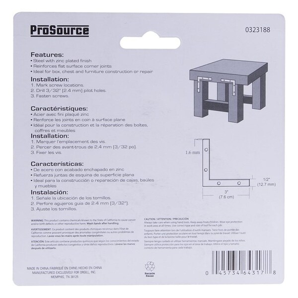 Prosource Corner Brace, 3 in L, 3 in W, 1/2 in H, Steel, Zinc-Plated, 1.6 mm Thick Material - FC-Z03-C4PS