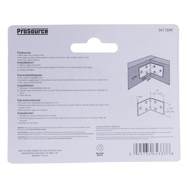 Prosource Corner Brace, 2 in L, 2 in W, 2 in H, Steel, Zinc-Plated, 2 mm Thick Material - BH-605PS