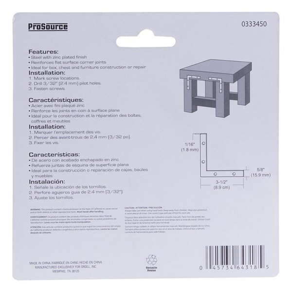 Prosource Corner Brace, 3-1/2 in L, 3-1/2 in W, 5/8 in H, Steel, Zinc-Plated, 1.8 mm Thick Material - FC-Z035-C4PS