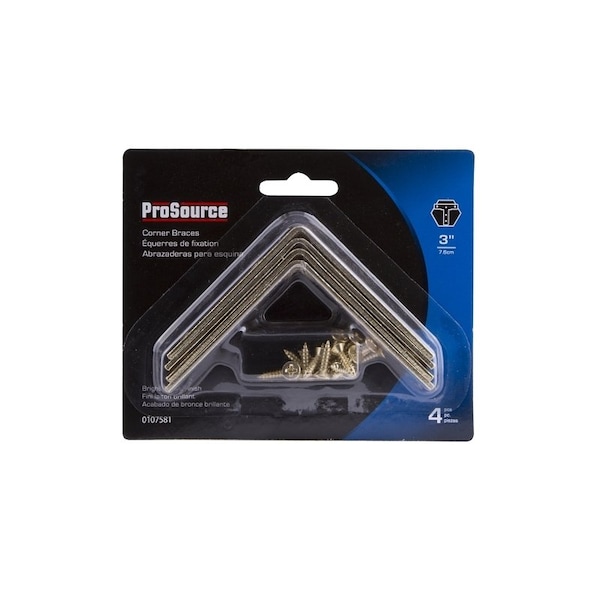 Prosource Corner Brace, 3 in L, 3 in W, 3/4 in H, Steel, Bright Brass, 2.6 mm Thick Material - CB-S03-C4PS