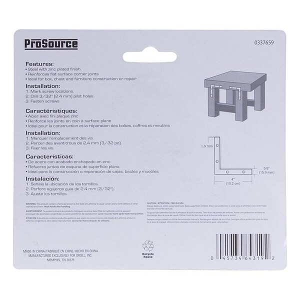 Prosource Corner Brace, 4 in L, 4 in W, 5/8 in H, Steel, Zinc-Plated, 1.8 mm Thick Material - FC-Z04-C4PS