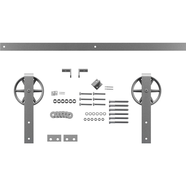 Ekena Millwork Premium Wagon Wheel Strap Barn Door Hardware Set w/ 7' Track for 2 1/4" Doors, PC Chrome - GB600157HWCR