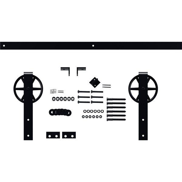 Ekena Millwork Premium Wagon Wheel Strap Barn Door Hardware Set w/ 4' Track for 1 3/4" Doors, Dark Gray - GB600144HWDG